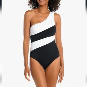 La Blanca Black and White Asymmetrical One-Piece Swimsuit NWT